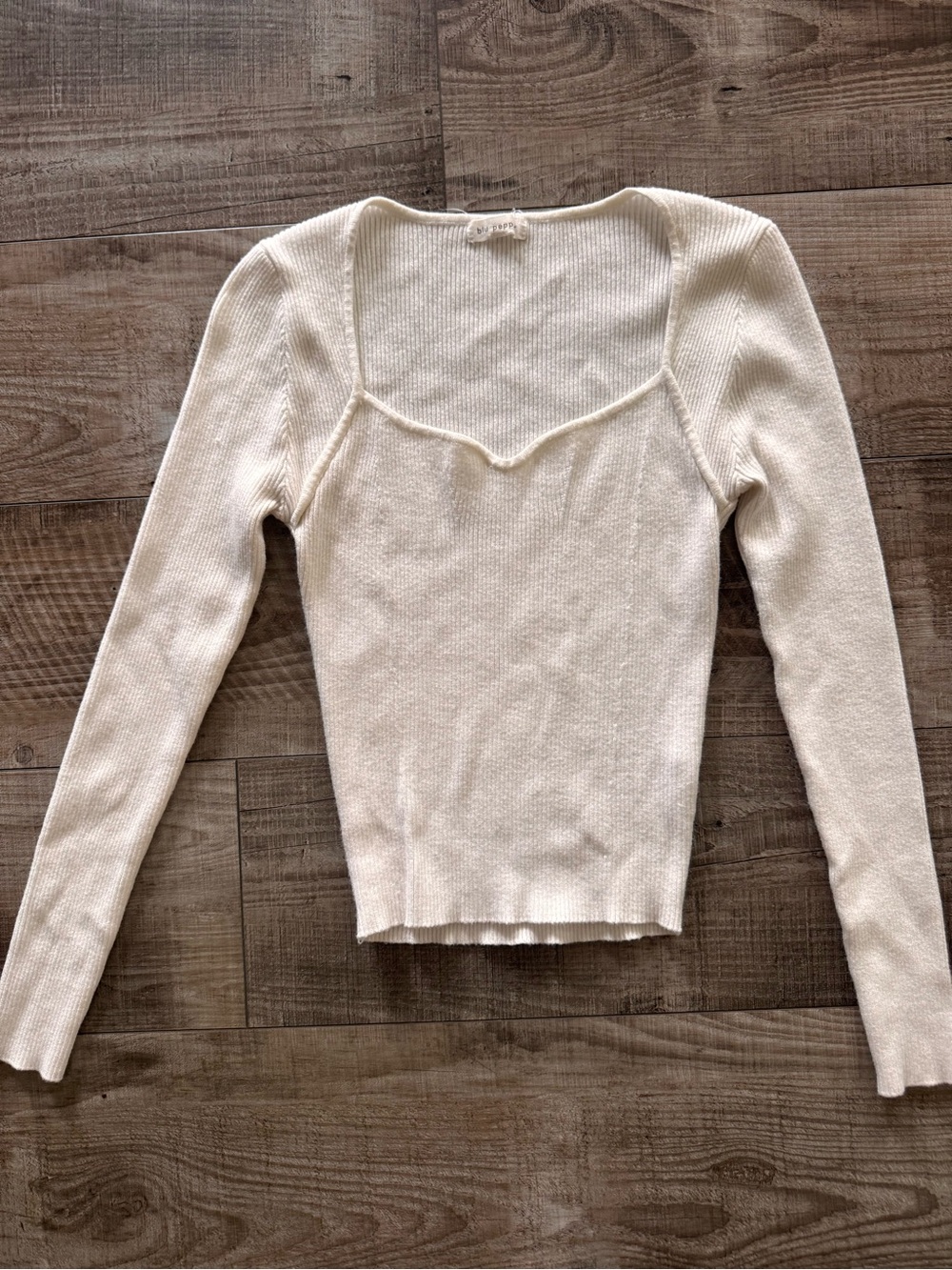 Blu Pepper White Ribbed Square-Neck Long Sleeve Top
